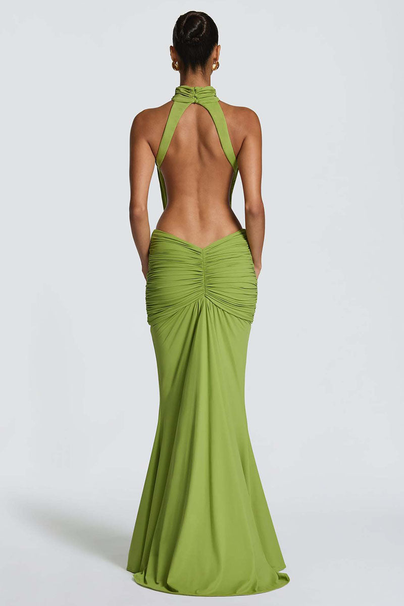 Ruched High-Neck Bodycon Maxi Dress