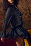 Military Button Bell Sleeve Tiered Skirt Set