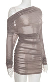 Sheer One-Shoulder Ruched Bodycon Dress