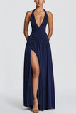 Ruched Halter V-Neck Maxi Casual Dress