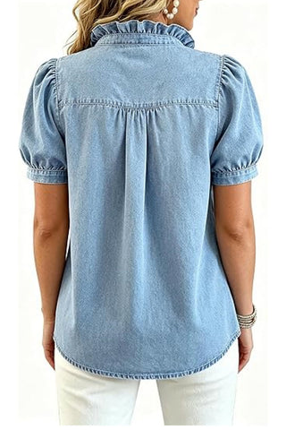 Ruffle Collar Puff Sleeve Button-Front Shirt