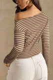 Ribbed One-Shoulder Striped Long Sleeve Top