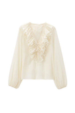 Ruffle V-Neck Puff Sleeve Blouse