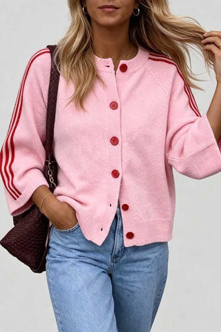 Striped Sleeve Button-Front Knit Cardigan