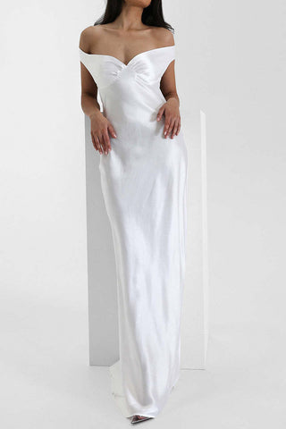 Ruched Off-Shoulder Satin Maxi Evening Dress