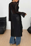 Sheer Lace Front Tie Bell Sleeve Blouse
