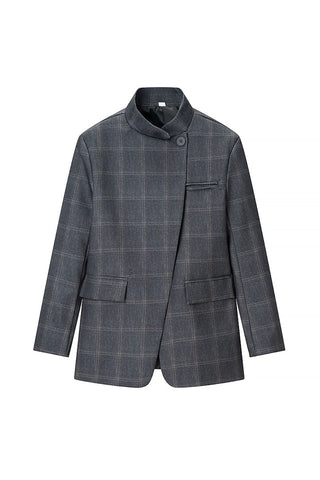 Plaid Stand-Collar Single-Button Blazer