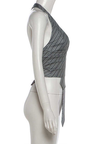 Striped Halter Deep V-Neck Tie Front Tank