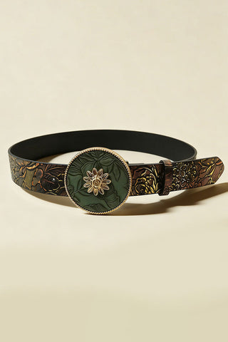 Embossed Floral Round Buckle Belt
