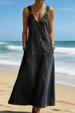 Button-Detail Denim Strap Maxi Dress