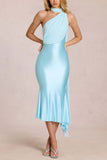 One-Shoulder Tie Neck Satin Midi Dress