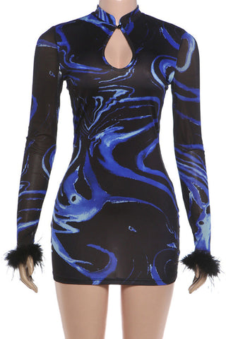 Sheer Sleeve Keyhole Bodycon Mini Dress