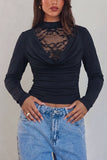 Lace Mock Neck Ruched Long Sleeve Blouse