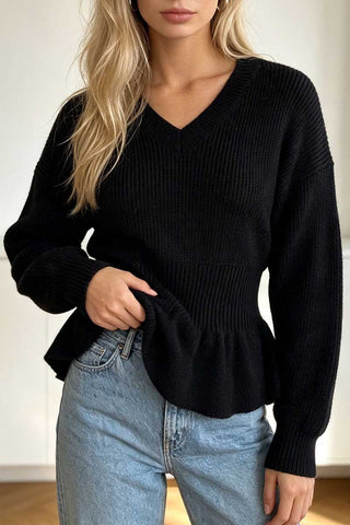 V-Neck Ribbed Peplum Sweater