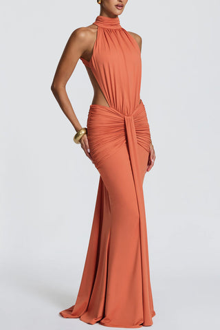 Ruched High-Neck Bodycon Maxi Dress