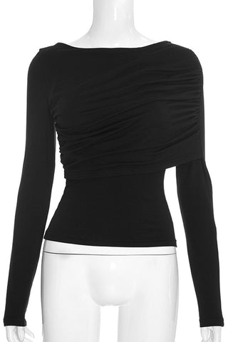 Ruched Boat Neck Long Sleeve Crop Top