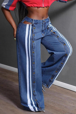 Striped Side Button Baggy Jeans