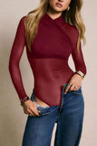 Sheer Mesh Ruched V-Neck Long Sleeve Bodysuit