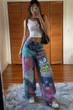 Graffiti Print High-Waist Barrel Jeans