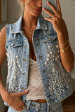 Floral Beaded Collared Denim Vest