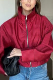 Grid Print Zip-Up Stand Collar Jacket