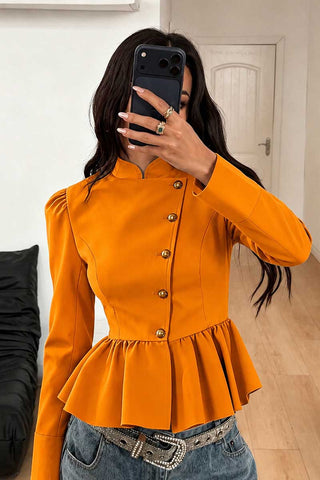 Mock Neck Puff Sleeve Peplum Blazer