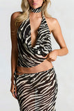 Zebra Halter Cutout Maxi Skirt Set