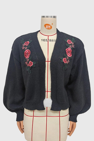 Floral Detail Ribbed Knit Cardigan