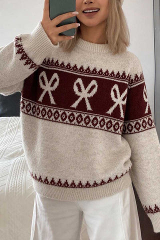 Bow Motif Fair Isle Crew Neck Sweater