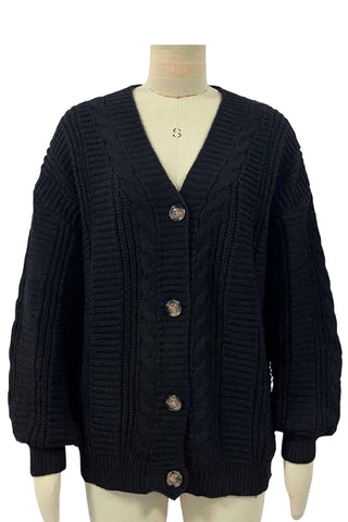 Cable Knit Button-Front Balloon Sleeve Cardigan