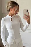 Mock Neck Keyhole Button-Front Blouse