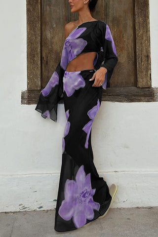 Sheer Floral Off-Shoulder Maxi Skirt Set