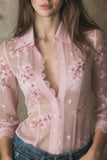 Sheer Floral Lace Trim Button-Front Blouse