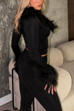 Fuzzy Trim Zip-Front Long Sleeve Top