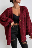 Cable Knit Button-Front Balloon Sleeve Cardigan