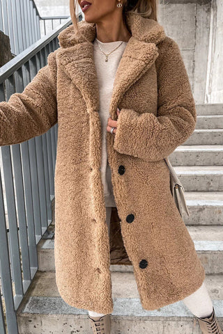 Faux Fur Collar Button-Front Long Coat