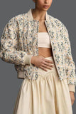 Floral Print Ribbed Trim Zip-Up Bomber Coat