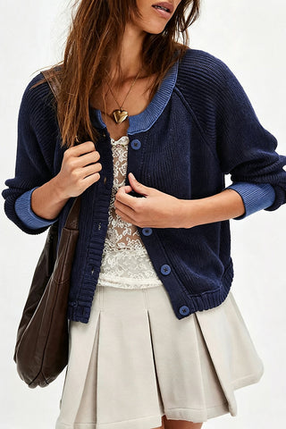 Contrast Trim Ribbed Button-Front Cardigan