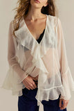 Sheer Ruffle V-Neck Bell Sleeve Blouse