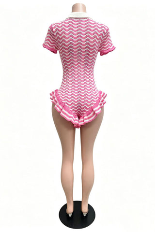 Chevron Knit Collared Ruffle Romper