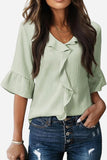 Ruffled V-Neck Blouse with Tiered Sleeves