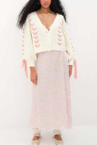Bow Detail V-Neck Puff Sleeve Cardigan