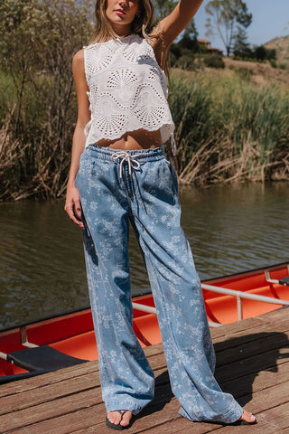 Floral Print Drawstring Wide-Leg Baggy Jeans