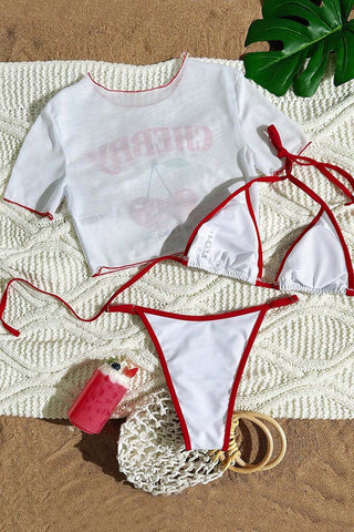 Cherry-Print Bikini Set with Cover-Up