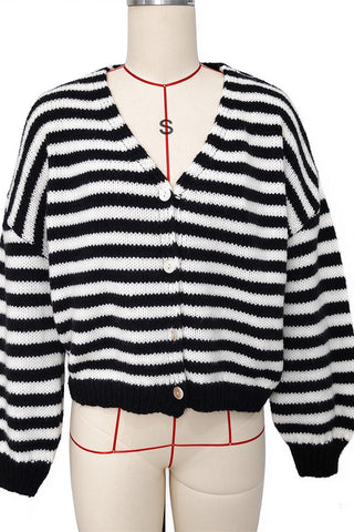 Striped V-Neck Button-Front Knit Cardigan