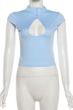 Mock Neck Cutout Button Crop Top
