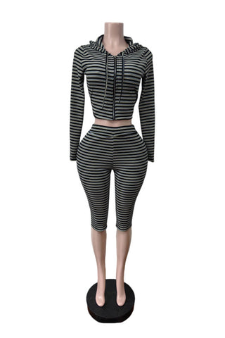 Striped Zip-Up Hoodie Crop Pants Set
