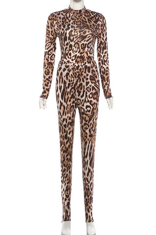 Sheer Mock Neck Animal Print Pants Set