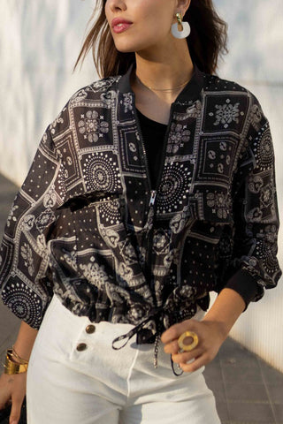 Zip-Up Paisley Drawstring Shirt