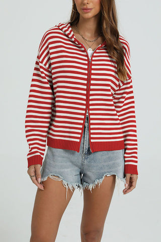 Striped Zip-Up Hooded Knit Cardigan